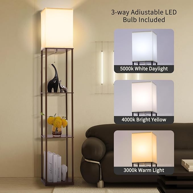 Floor Lamp with Shelves, Modern Square Standing Lamp with 3 Color Temperature Bulb, Corner Display Bookshelf Lamp for Living Room, Bedroom and Office (Brown-9)