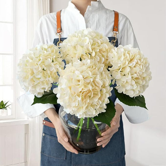 Boho Silk Hydrangea Artificial Flowers, 4Pcs 22" Large Lifelike Flowers,Artificial Hydrangeas for Indoor Bouquet Table Centerpieces Home（Cream/Yellow）