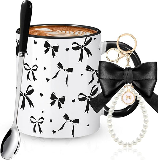 Sliner Black Coquette Bow Coffee Mug Wedding Bridal Shower Gift Set Engagement Gift Ideas 11oz Aesthetic Ceramic Cup with Bow Keychain and Spoon Preppy Mug for Women Bride Christmas Birthday