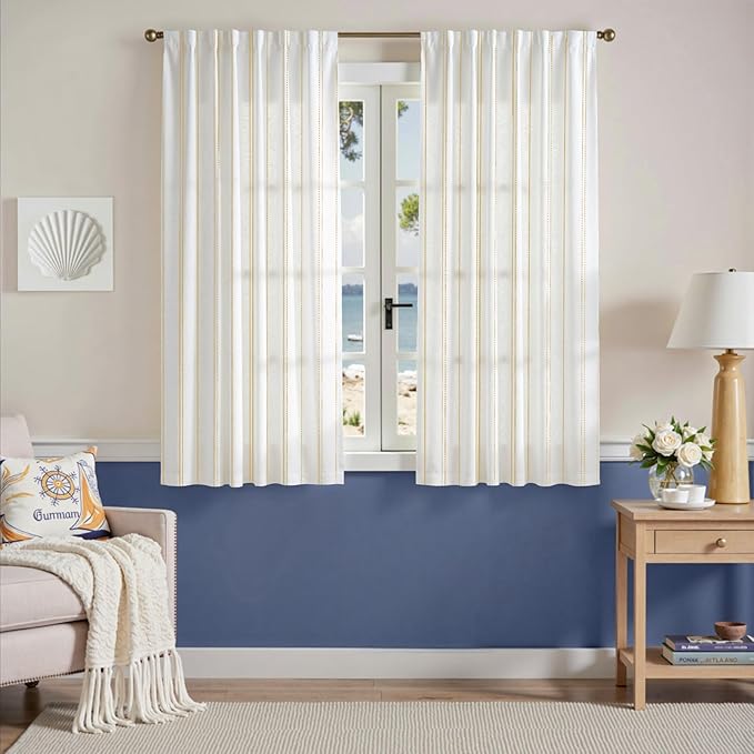 jinchan Yellow and White Striped Curtains 63 Inch Length for Living Room Bedroom Yellow on White Pinstripe Curtains Privacy Light Filtering Rod Pocket Modern Window Treatments Set 2 Panels