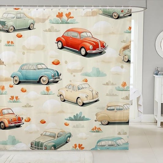 Feelyou Cartoon Car Fabric Shower Curtain for Kids Boys Girls Vintage Retro Car Bathroom Waterproof Accessories with 12 Hooks Colorful Shower Curtain Car Curtains,72x72 Inches