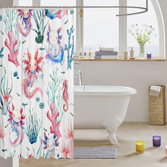 Feelyou Cartoon Axolotl Bathroom Waterproof Accessories with 12 Hooks Watercolor Salamander Fabric Shower Curtain for Kids Boys Girls Green Corals Shower Curtain Sealife Curtains,72X78 Inches