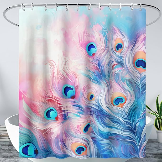 AILONEN Peacock Shower Curtain for Bathroom, Pink and Blue Peacock Feather Print Shower Curtain,Fashion Tie Dye Bath Curtain for Girls Women Waterproof 72" W*96" H
