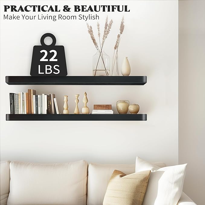 Floating Shelves for Wall, Wood Shelves with Invisible Brackets for Bathroom, Living Room, Bedroom and Kitchen, Long Wall Shelf for Books/Storage/Room Decor, 17 Inch, Set of 2, Black