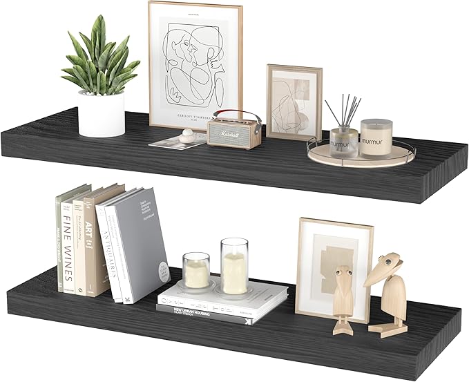 Floating Shelves for Wall - 24 x 9 Inch Natural Wood Shelves for Bathroom, Bedroom, Kitchen Decor, Farmhouse Decor Set of 2, Black