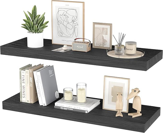 Floating Shelves for Wall - 24 x 9 Inch Natural Wood Shelves for Bathroom, Bedroom, Kitchen Decor, Farmhouse Decor Set of 2, Black