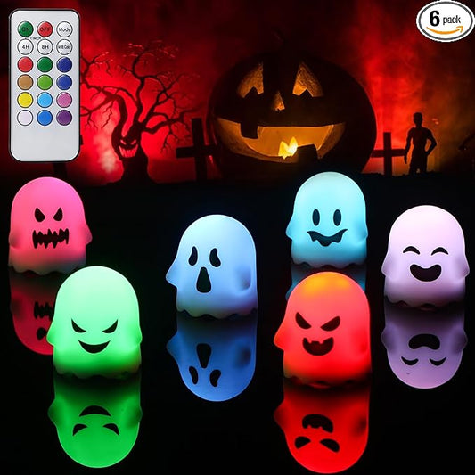 DRomance Ghost Flickering Flameless Candles Battery Operated with Remote and Timer 6 Pack Color Changing Light Spooky White LED Tea Lights Candles Halloween Indoor Decoration Gifts(2 x 2.4 Inches)