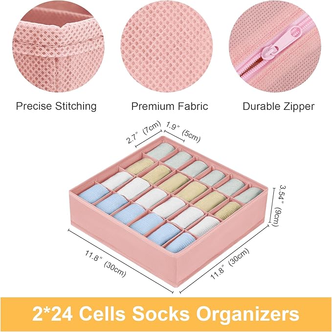 Joyoldelf Sock Organizer Drawer Organizer - 2 Packs Underwear Organizer, 24 Cells Collapsible Closet Organizers and Storage Sock Holders Organizers for Storing Socks, Ties, Belts(Pink)