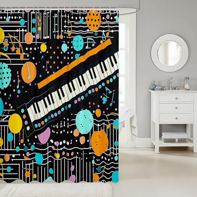 Feelyou Piano Fabric Shower Curtain Musical Shower Curtain for Boys Girls Geometric Bathroom Waterproof Accessories with 12 Hooks Colorful Wave Dot Curtains,72x72 Inches