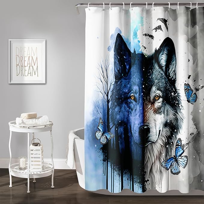AILONEN Wolf Print Shower Curtain for Boys Men,Watercolor Wolf Bath Curtain 72" W*78" H Animal Wolf Bathroom Curtain Polyester Waterproof Wildlife Bathroom Curtain with 12 Hooks