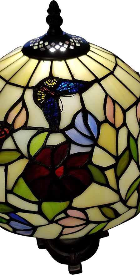 Amora Tiffany Style Table Lamp Banker 19" Tall Stained Glass Red Green White Floral Flower Butterfly Antique Vintage Light Decor Bedside Living Room Bedroom Handmade Gift AM061TL12B Lighting