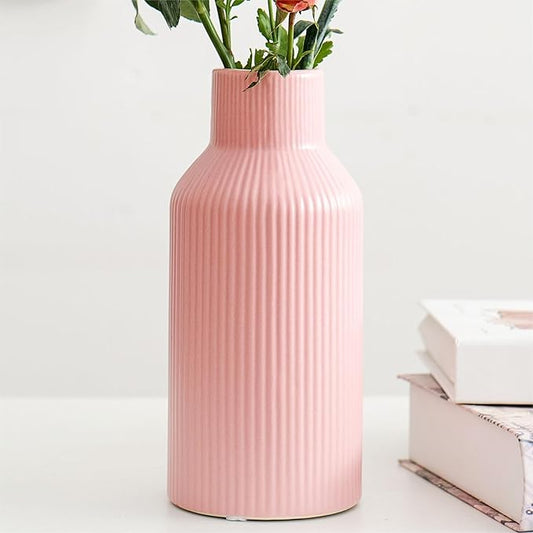 Pink Ceramic Flower Vase, Pampas Grass Small Vase for Decorating, Dining Table, Shelf Decor, Mantel, Entry Decor and Centerpieces, Minimalist Modern, Bohemian, Suitable for Any Style (8 in)