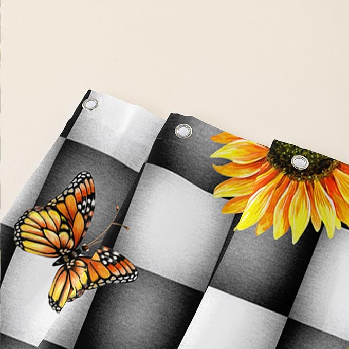 AILONEN Sunflower Shower Curtain for Bath Curtain,Black and White Grid Butterfly Bath Curtain,Garden Flower Yellow Floral Waterproof Shower Curtain 36" W x 72" H