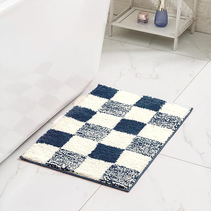 CozeCube Blue Checkered Bath mats Non Slip, Fluffy Absorbent Microfiber Runner Bath mat Washable, Aesthetic Bathroom Rugs, Long Bath mat for Bathroom Floor, 47" x 24"