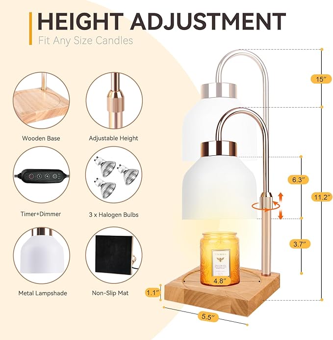 Candle Warmer Lamp with 3 Bulbs, Adjustable Height Dimmable Candle Warmer with Timer, Compatible with Large Jar Candles, Candle Lamp with Charming Gift Box Ribbon for Her/Him(White)
