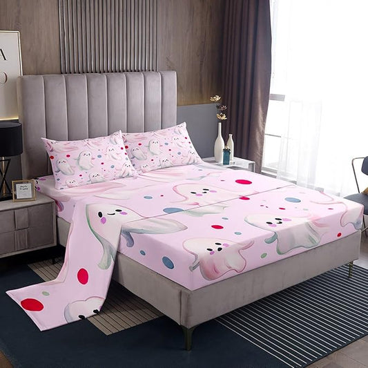 Feelyou Halloween 4 Pieces Sheet with 16 Inch Deep Pockets Queen Size Kids Cute Ghosts Bedding for Boys Girls Teens Pink Bed Sheets Set