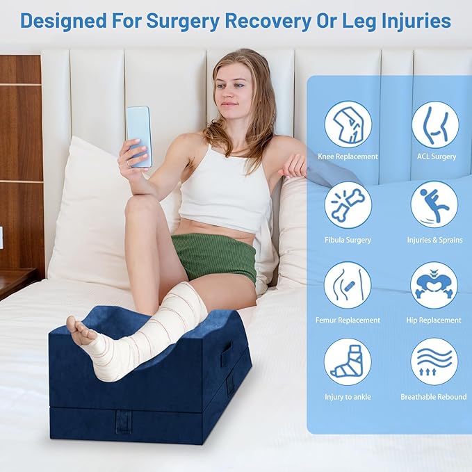 Leg Elevation Pillows, Wedge Pillow for After Surgery Or Rest, Memory Foam Leg Support Adjustable, Back Knee Hip Ankles Pain Relief, Knee Pillow for Sleeping Blood Circulation Blue