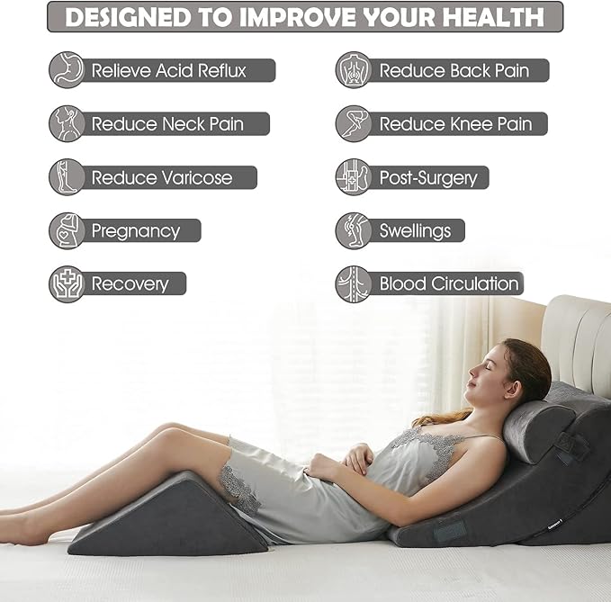 Ganaver 4Pcs Wedge Pillow for Sleeping, Orthopedic Bed Wedge Pillows for After Surgery, Foam Triangle Sit Up Pillow Wedge for Back, Neck, Shoulder Support, Leg Elevation, Acid Reflux, Snoring, Grey
