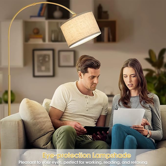 Gold Floor Lamp, Arc Floor Lamp for Living Room with Adjustable Drum Lampshade, Modern Tall Standing Lamp with On/Off Foot Switch, Over Couch Arched Reading Light for Reading, Bedroom, Office