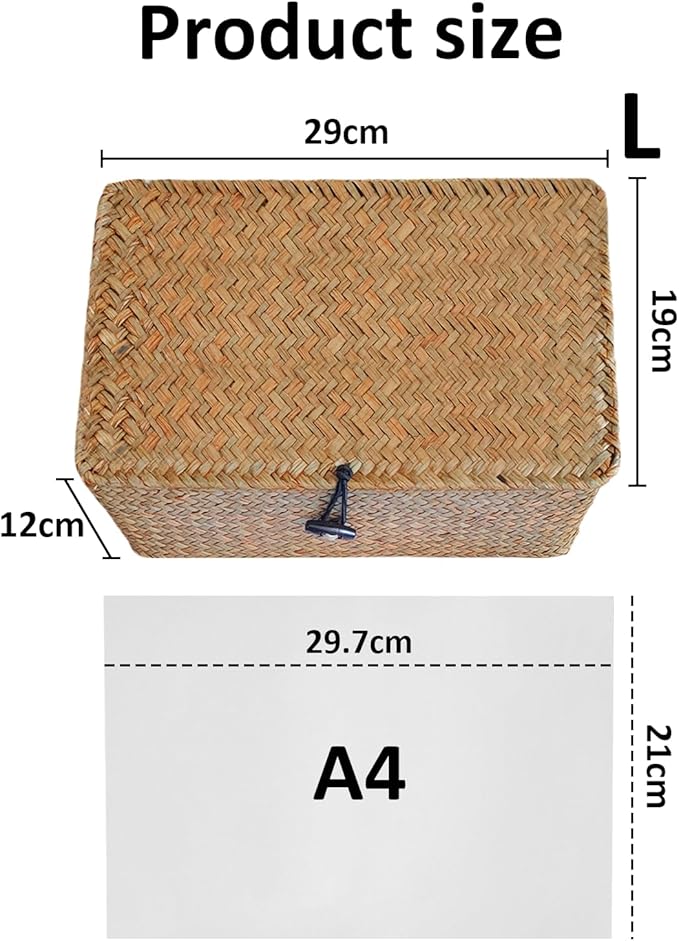 Wicker Storage Basket with Lid, Seagrass Storage Bins with Lids, Rectangular Handwoven Shelf Baskets with Lid for Home Organizer, Rattan Decorative Box for Clothes, Groceries, Snacks (L)