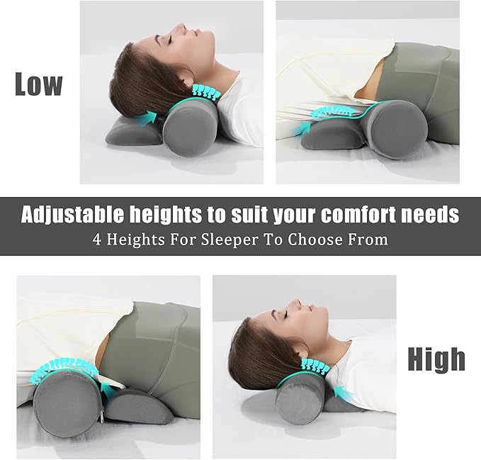 BALAPET Cervical Neck Pillow Adjustable Neck Roll Pillow for Comfortable Sleeping,Neck Support Pillow with Detachable Pad for Body Lumbar Knee Leg Relieve Muscle Tension Spine Alignment(gray)