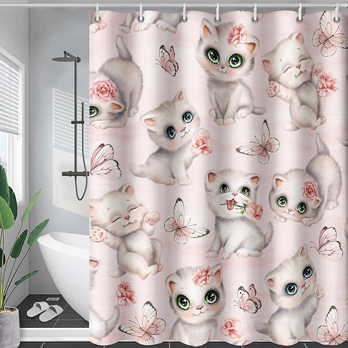 AILONEN Cat Kids Shower Curtain 72" W*72" H for Girls Teen,Kawaii Cat Butterfly Bath Curtain,Girls Pink Shower Curtain,Cat Lover Bathroom Curtain Decor Polyester Waterproof Curtain with 12 Hooks