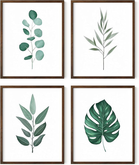 HAUS AND HUES Plant Wall Art - Botanical Prints Wall Art, Green Wall Art Collection Set Plant Pictures Wall Art, Leaves Paintings For Wall Minimalist Wall Art Sage Green Decor (8x10, Framed Walnut)