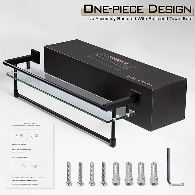 Glass Shelves for Bathroom with Towel Bar/Rack 24" Tempered Glass Shelves with Stainless Steel Towel Holder for Wall Shelf Sink Over Toilet (Matte Black)