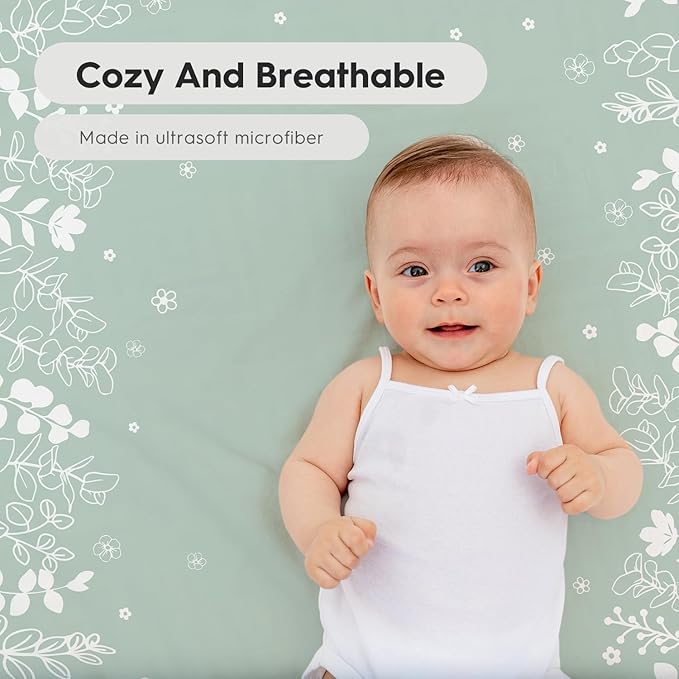 Horaldaily 2 Pack Fitted Crib Sheet for Boys Girls, Fits Standard Size Crib Mattress 28in x 52in, Soft Breathable Washable Jersey Microfiber Baby Crib Sheet, Eucalyptus Nursery Sheet Sage Green/White