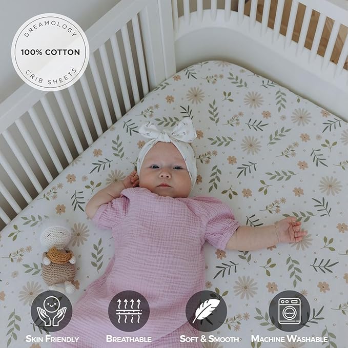 Baby Crib Fitted Sheet, 100% Cotton Knitted Jersey, Fit Standard Crib Mattresses, Fitted Crib Sheets, Super Soft, Toddler Fitted Sheet, Unisex,2 Pack,Green/Flowers, 28x52x9'