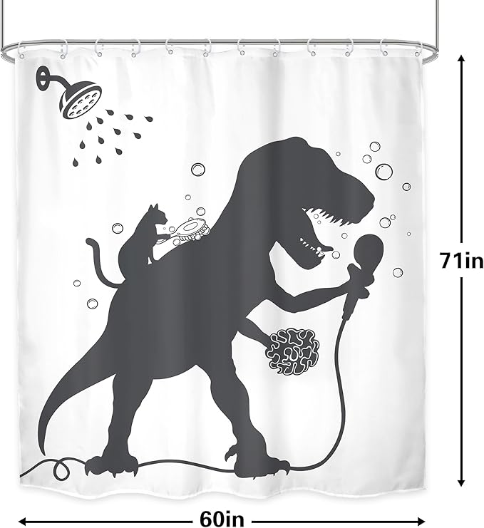 LGhtyro Kids Funny Dinosaur Shower Curtain Bathroom Set 60Wx71H Inches Boys Dino Cat Trex Raptor Animal Shadow Silhouette Bath Cartoon Bath Accessories Black White Art Home Decor Fabric 12 Pack Hooks