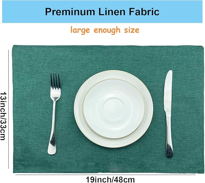 Weabetfu Cloth Placemats Set of 6 Heat Resistant Dining Table Placemmats Cotton Linen Machine Washable Kitchen Table Mats Wrinkle Free Thick Fabric Place Mat,Easy to Clean,13"x19",Green