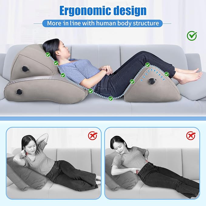 SAHEYER Inflatable Bed Wedge Pillow Set, 2 PCS Post Surgery Support Pillow for Back, Knees, Leg Pain Relief, Adjustable Sitting Pillows for Acid Reflux, Anti Snoring, Heartburn, GERD Sleeping (Grey)