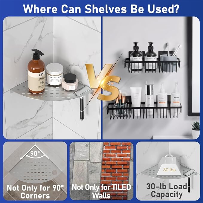 2 Pack Corner Shower Shelves 304 Stainless Steel Corner Shower Shelf 8in shower shelf Drilling Installation (One Brushed Nickel)