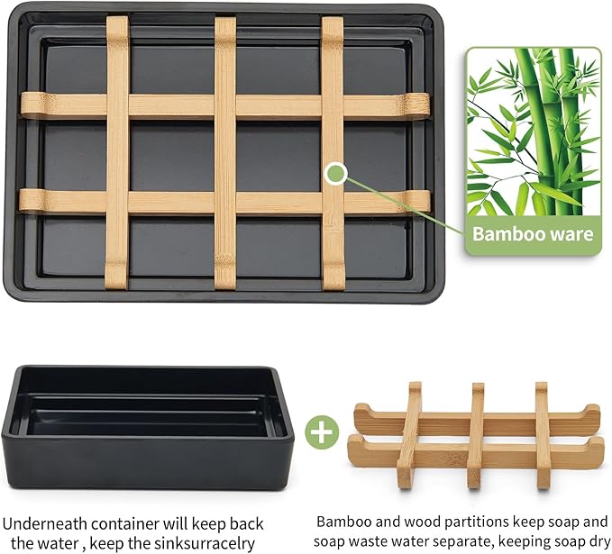 Bamboo Soap Dishes for Shower Wooden Soap Bar Holder for Bathroom Soap Tray Easy to Clean, Durable and with Non-Slip Pads(Single Black Square)