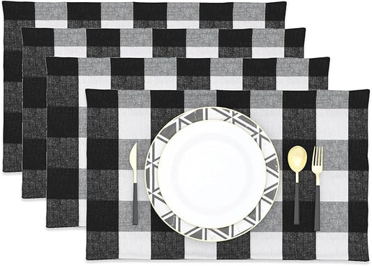 Black & White 2 Side Cotton Buffalo Check Placemats Set of 4 Heat Resistant Dining Table Place Mats for Kitchen Table, 12 x 18 inches