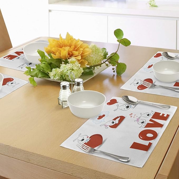 Ambesonne Valentines Day Place Mats Set of 4, Puppy Love Hearts and Dogs His Hers Heart Balloon Romantic Print, Washable Fabric Placemats for Dining Table, Standard Size, Red White