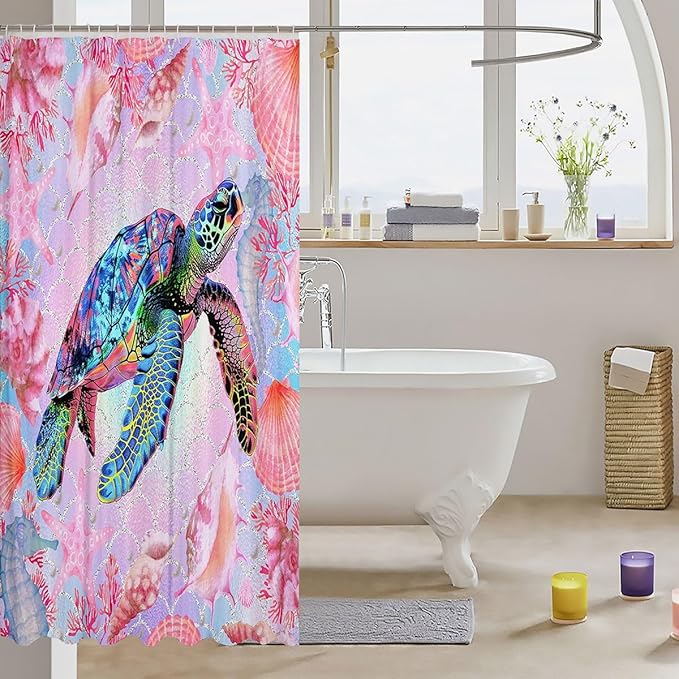 Feelyou Colorful Sea Turtle Fabric Shower Curtain Under Sea Animals Themed Shower Curtain for Kids Pink Shells and Corals Bathroom Waterproof Accessories with 12 Hooks Ombre Curtains,72X84 Inches