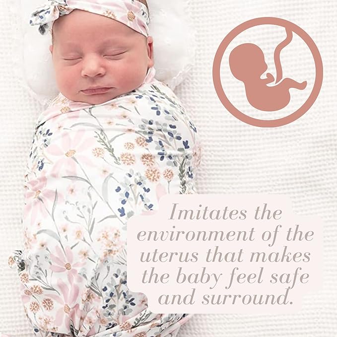 Newborn Baby Girl Receiving Blanket Swaddle Blanket Stretchy Knit Swaddle Set with Matching Headband and Beanie with a Name Card (Golden Floral)