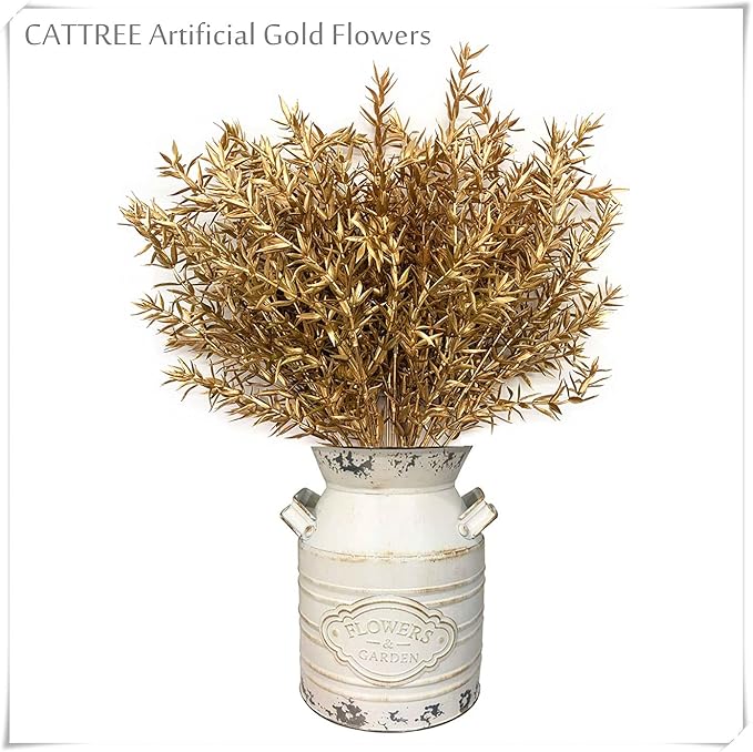 CATTREE Artificial Plants for Christmas, Faux Grass Shrubs Fake Sharp Leaves Gold 3 Pack, Simulation Leaf Bushes for Home Indoor Outdoor Garden Wedding Decoration Hall Table Planter Filler