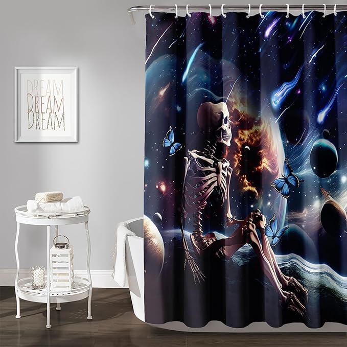 AILONEN Skull Shower Curtain for Kids,Solar System Skeleton Bath Curtain for Bathroom Decor,Galaxy Skull Polyester Waterproof with 12 Plastic Hooks for Boys Girls 72" W*84" H