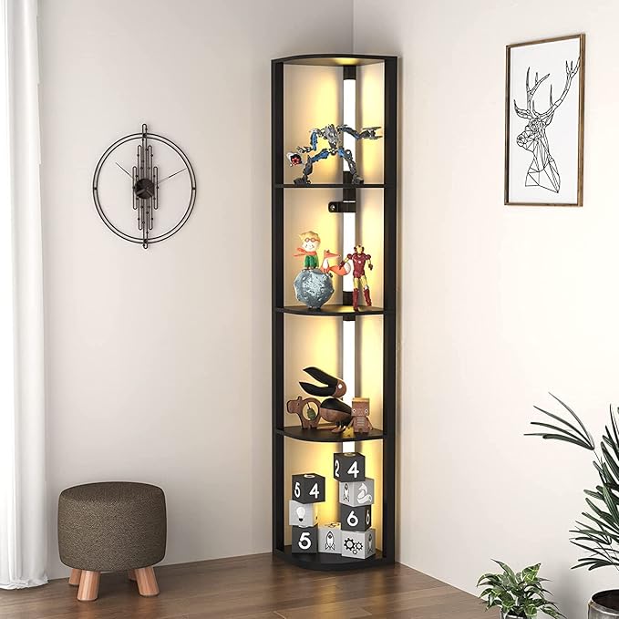 VTRIN Corner Shelf with Light, Modern Home Decor Stand Floor Lamps with Storage Shelves for Collectibles, Sturdy 5-Tier Corner Bookshelf Cabinet Display Shelf for Living Room Bedroom Small Space
