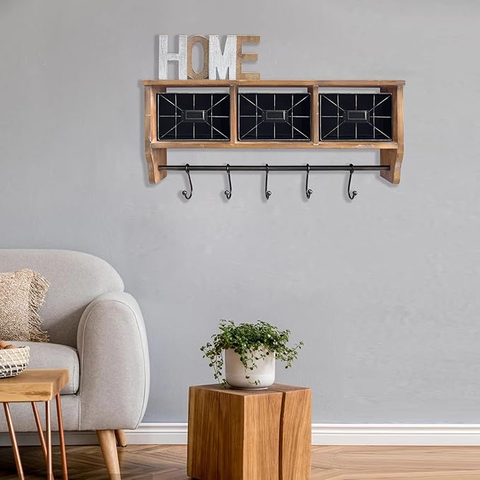 Coffee Bar Shelf with Baskets and Hooks, Wall Mounted Storage Hanging Coat Rack Shelf for Entrance, Bathroom, Living Room and Kitchen