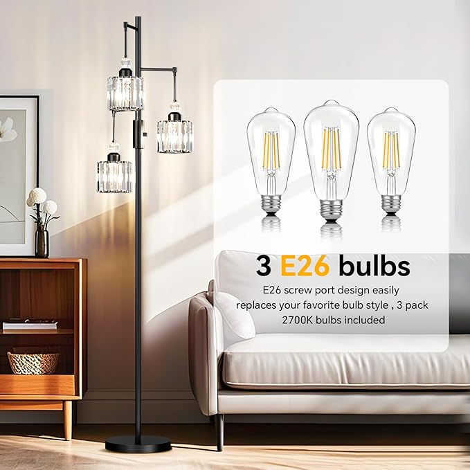 70" Black Tree Floor Lamp with 3 Crystal Cage Lampshades & Dimmable Bulbs - Vintage Glam Standing Lamp for Living Room Bedroom, Industrial Modern Decor with Crystal Ball Accents