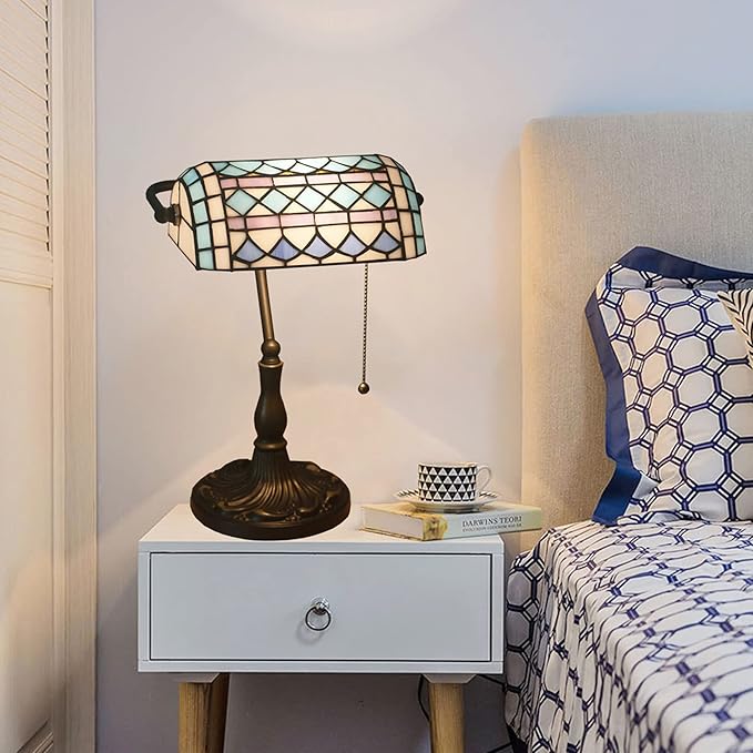 Tiffany Style Bankers Table Lamp Stained Glass Piano Desk Lamp Vintage Bedroom Bedside Lamp for Study,Antique Alloy Base,Zipper Switch,Blue Mediterranean