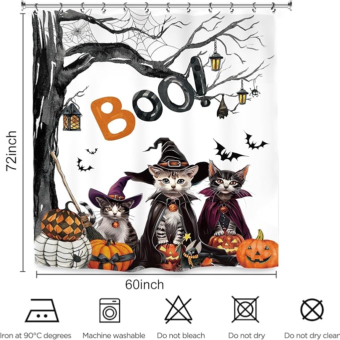 Halloween Cat Gothic Shower Curtain 60Wx72L Inch Pumpkin Horror Spider Bat Scary Spooky Witchy Animal Bathroom Set Accessories Decor with 12 Pack Hooks
