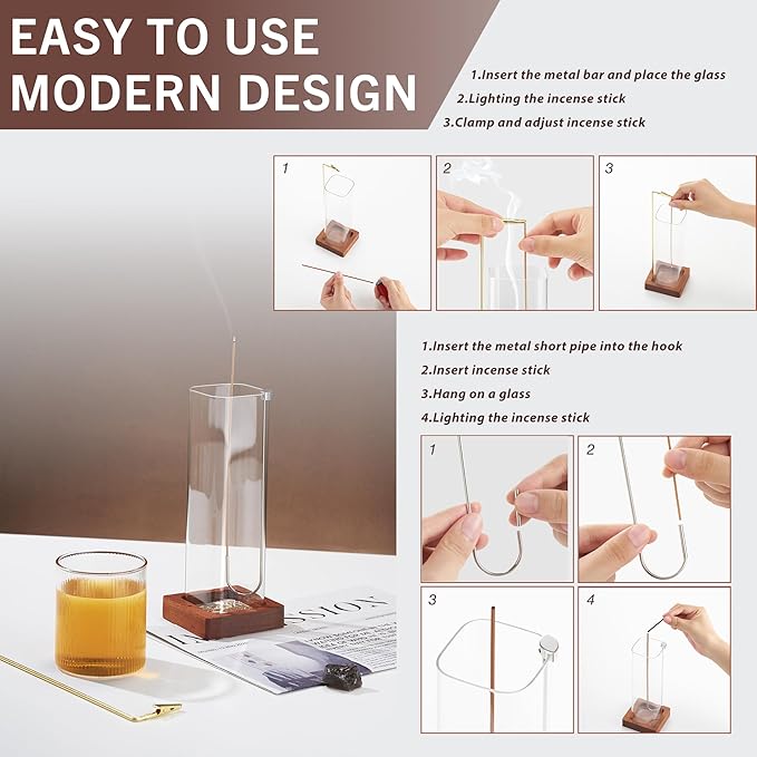 Incense Sticks Holder with Premium Glass Ash Catcher and Upside-Down Metal, Profession Anti-Ash Flying, Heat-Resistant Easy Clean for Yoga, Meditation, Home Decor (2 in 1 Design, Wooden Base)