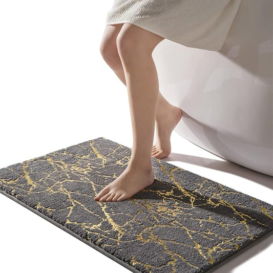 QJHOMO Marble Bathroom Rug Gray and Gold Decor Bathroom Rugs Non Slip Bath Mat Super Absorbent Microfiber Plush Bathmat Machine Washable Floor Carpet for Tub, Shower, Bedroom (20x32 inch)