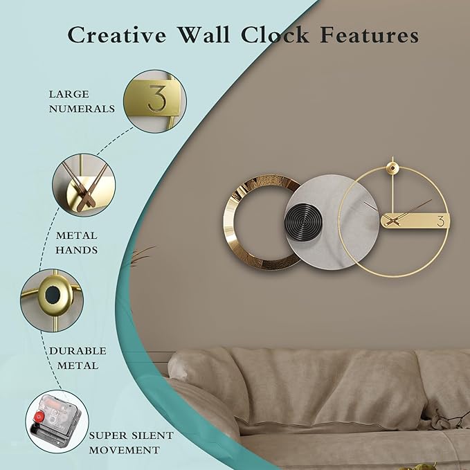 Wall Clock Large 33 Inch - Modern Metal European Style, Battery Operated Silent Non-Ticking Decorative Clock for Living Room Bedroom Home Office