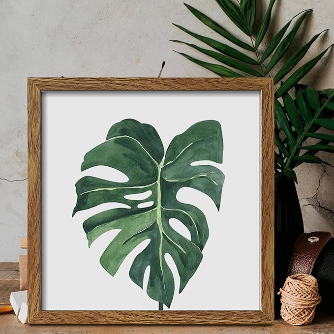 ArtbyHannah Framed Bathroom Wall Decor, 10x10 Inch Botanical Wall Art with Sage Green Plant Print for Wall Decoration, Minimalist Restroom Decor (Walnut)